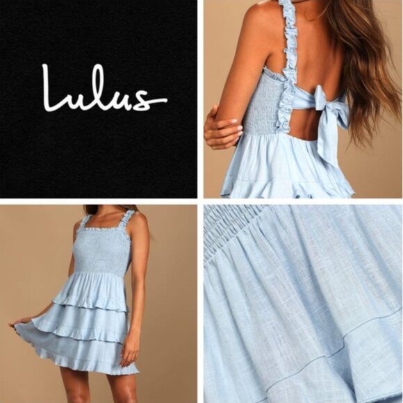 Lulus Dresses & Skirts - Super Sweet Light Blue Smocked RuffledTie-Back Mini Dress XS